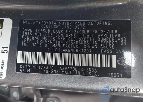 2022 Toyota Camry Le z USA, uszkodzony, nr VIN 4T1C11AK8NU631204